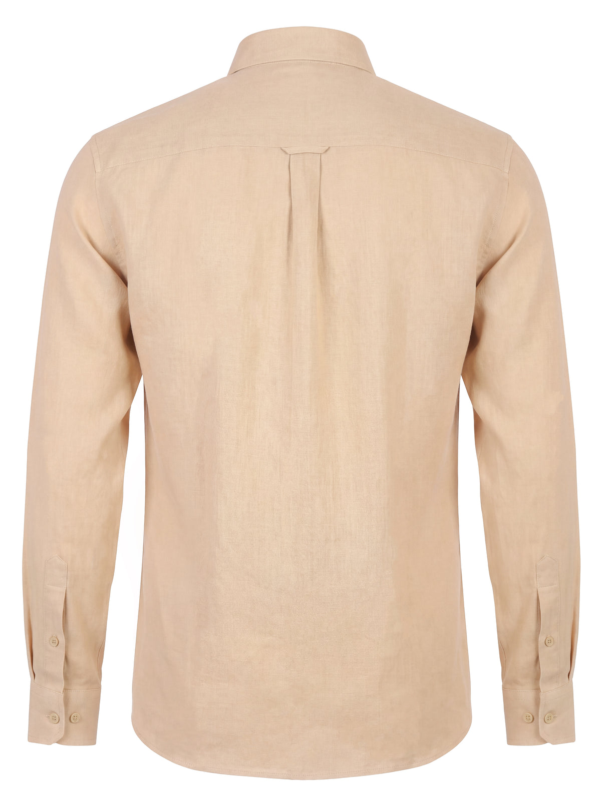 A light beige long-sleeve linen shirt shown from the back, featuring a central pleat and buttoned cuffs, set against a plain white background.