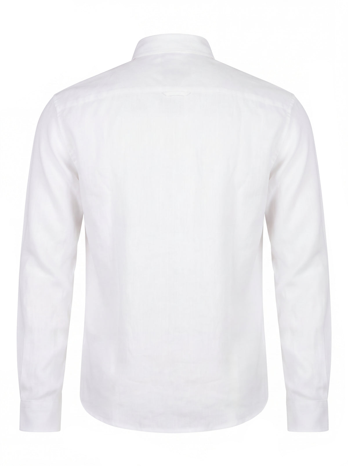 A white long-sleeve button-down shirt shown from the back, photographed on a clean white background.