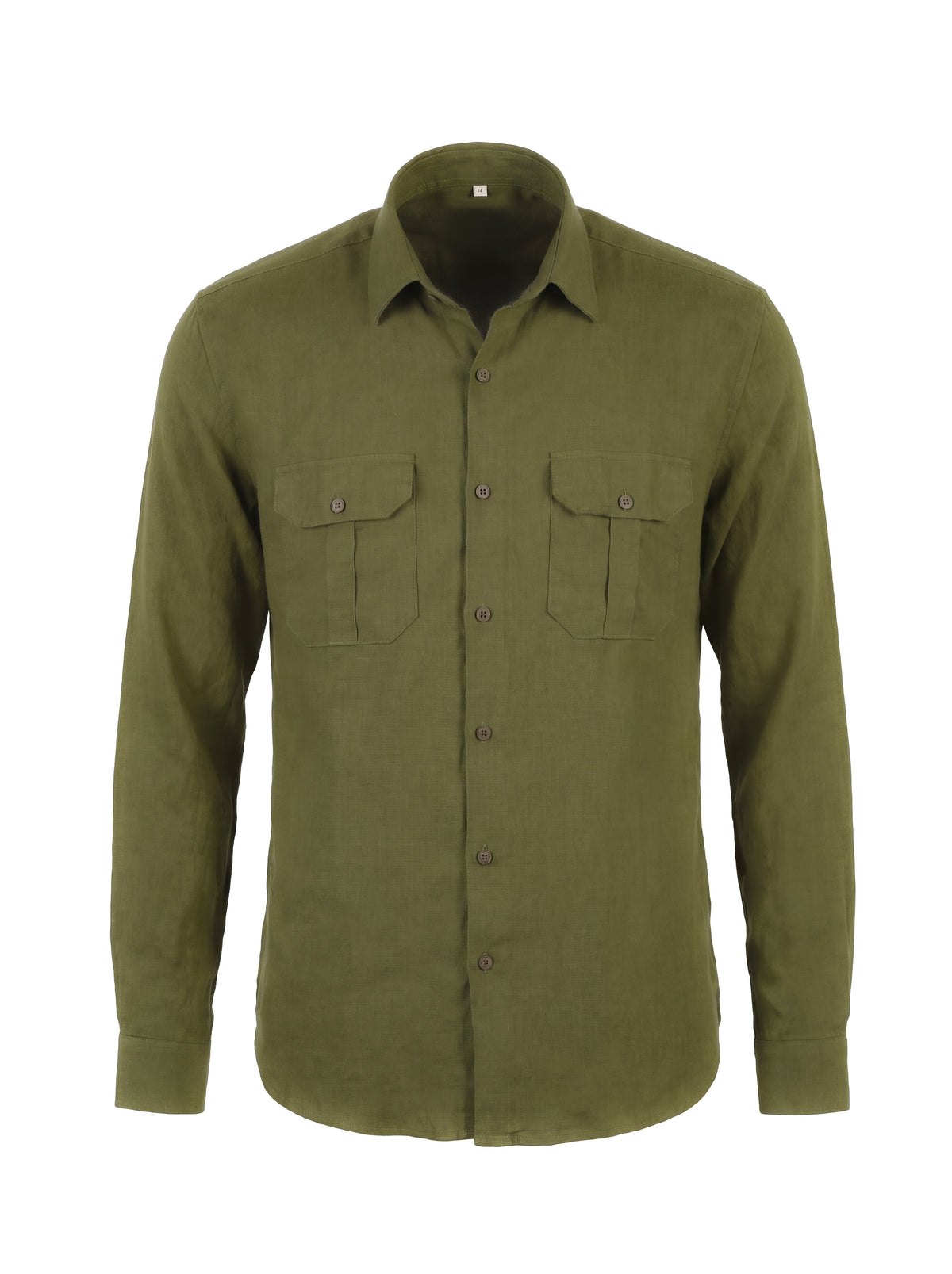 An olive green long-sleeve button-up shirt with two buttoned chest flap pockets, displayed on a clean white background.