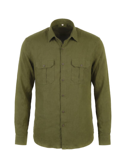 An olive green long-sleeve button-up shirt with two buttoned chest flap pockets, displayed on a clean white background.