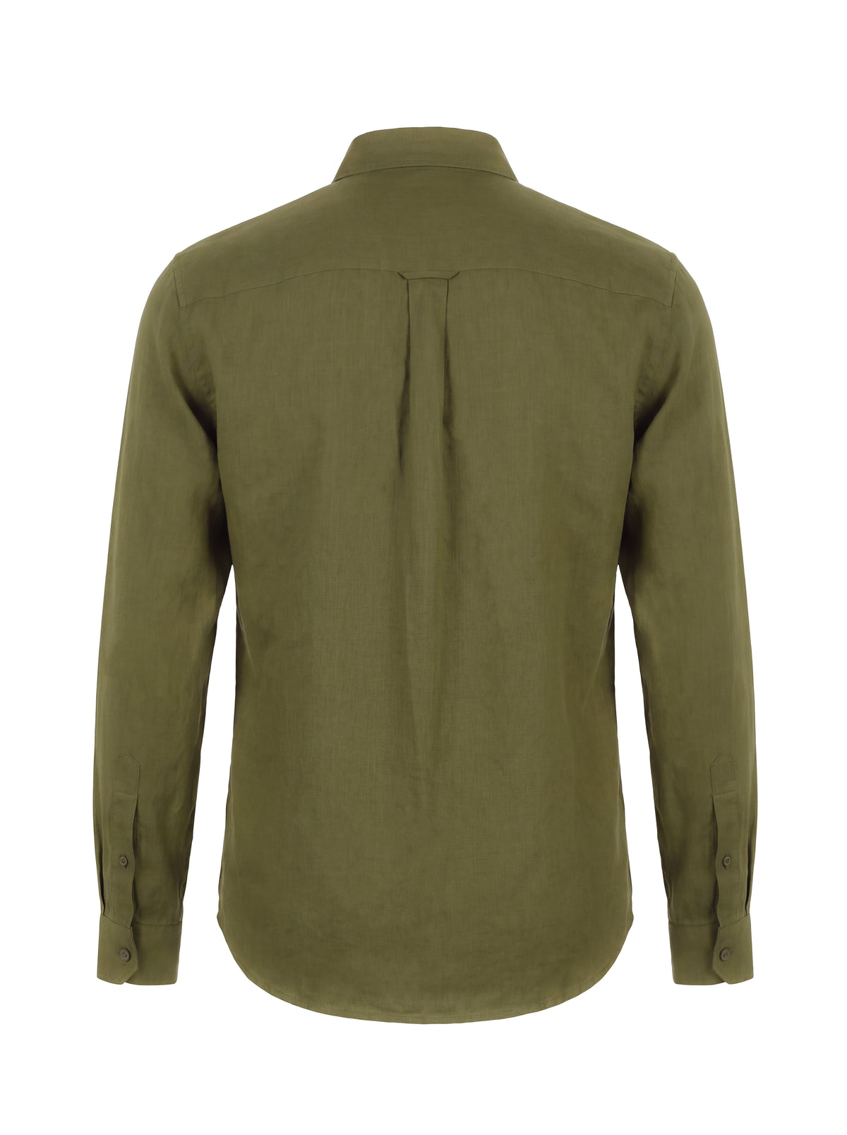 An olive green long-sleeve linen shirt shown from the back, featuring a central pleat and button cuffs, displayed on a clean white background.