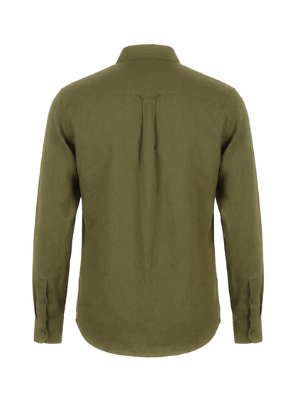 An olive green long-sleeve linen shirt shown from the back, featuring a central pleat and button cuffs, displayed on a clean white background.