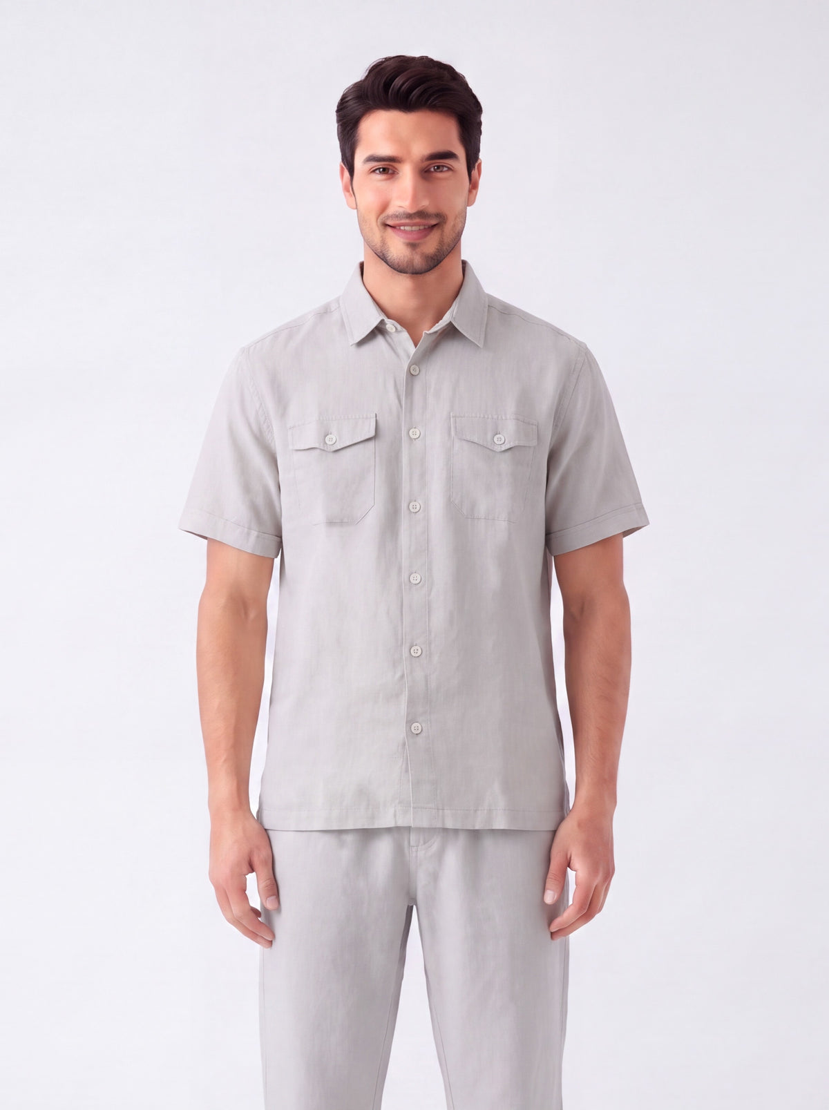 Double Pocket Smoke White Linen Shirt