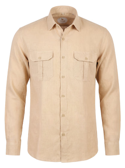 A light beige long-sleeve linen shirt with two buttoned chest pockets, shown on a plain white background.