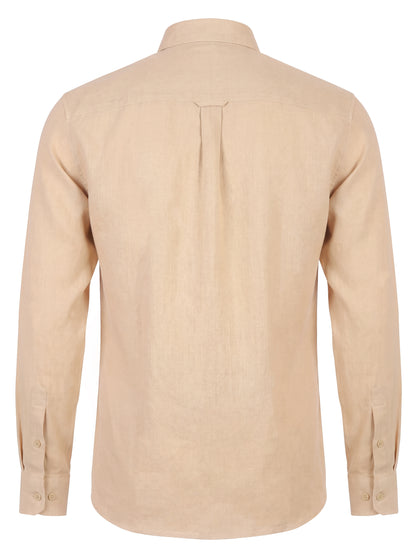 A light beige long-sleeve linen shirt shown from the back, featuring a central pleat and buttoned cuffs, set against a plain white background.