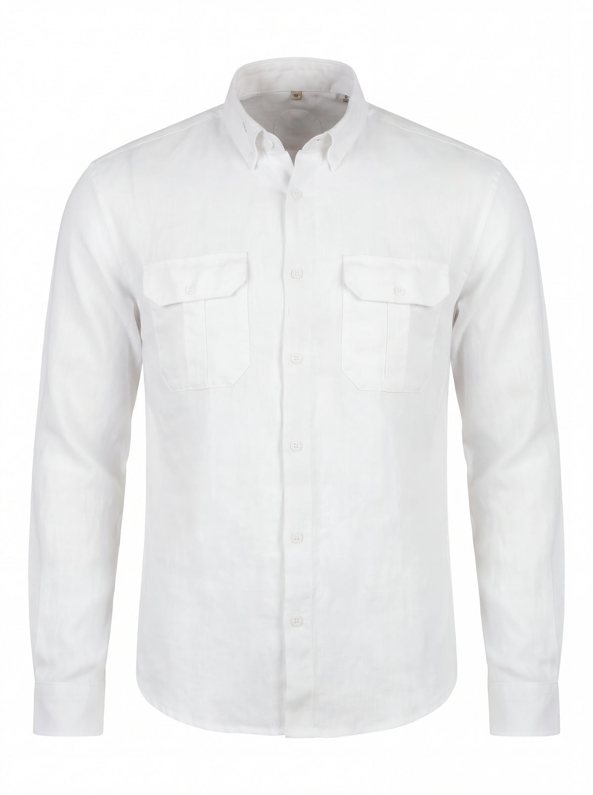 A white long-sleeve button-down shirt with two chest flap pockets, shown on a plain white background.