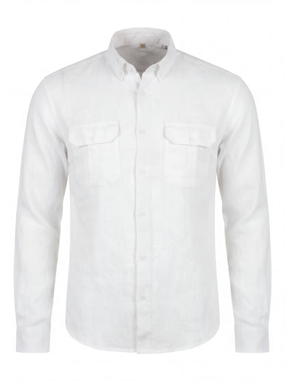 A white long-sleeve button-down shirt with two chest flap pockets, shown on a plain white background.