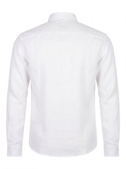 A white long-sleeve button-down shirt shown from the back, photographed on a clean white background.