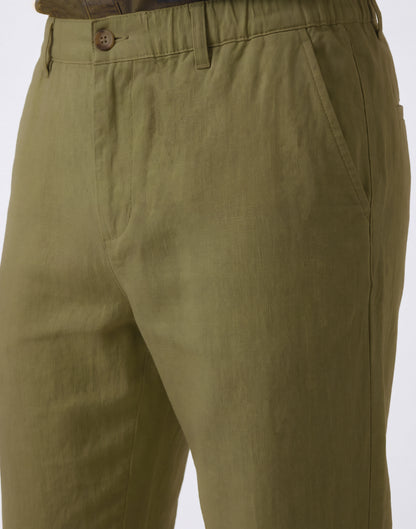 Close-up of olive green trousers on a model, showing the front waistband with belt loops and a brown button, along with the side pocket.