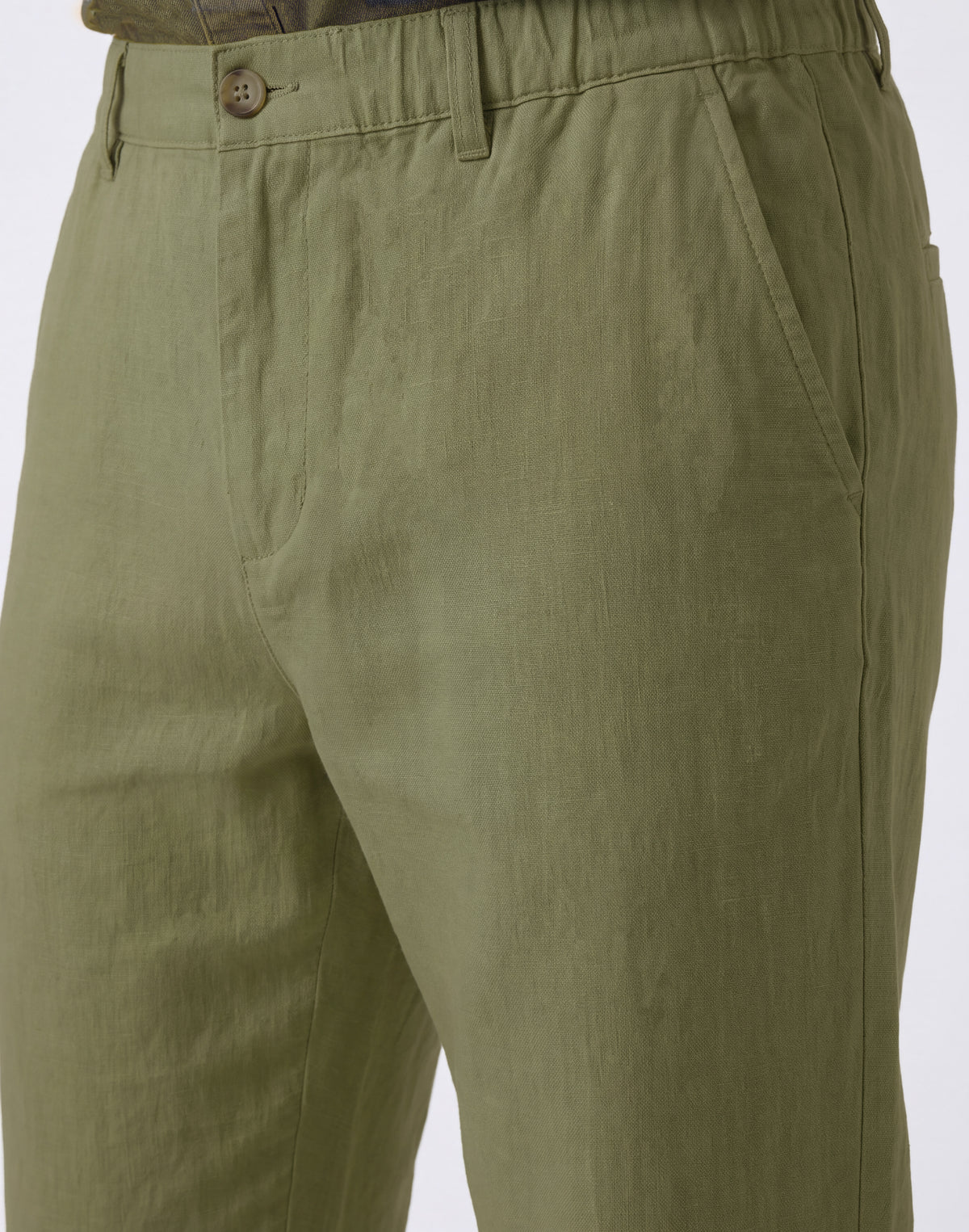 Close-up of olive green trousers showing the waistband, button closure, belt loops, front pockets, and upper leg area.
