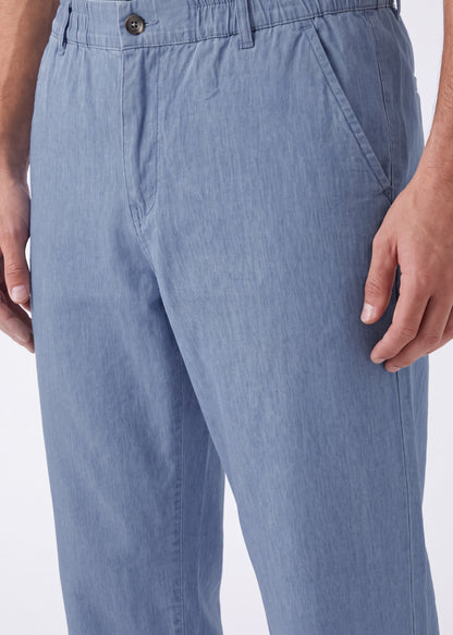Close-up of a person wearing light blue trousers, showing the waistband, button, front pockets, and hands against a plain light background.