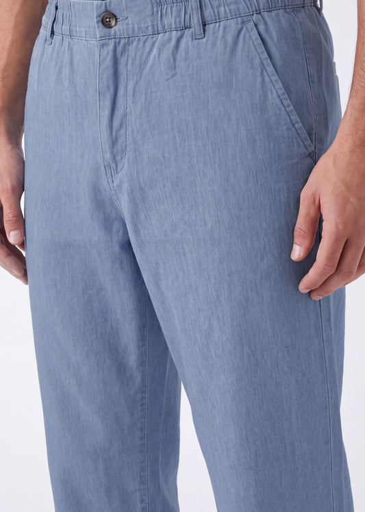 Close-up of a person wearing light blue trousers, showing the waistband, button, front pockets, and hands against a plain light background.