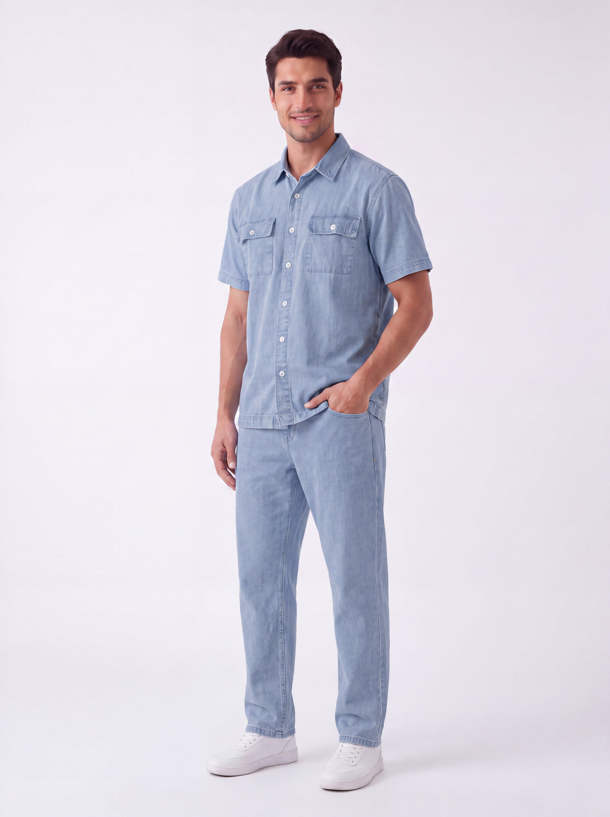 A man modeling a light blue denim short-sleeve button-up shirt and matching light blue denim jeans, paired with white sneakers, against a plain white studio background.