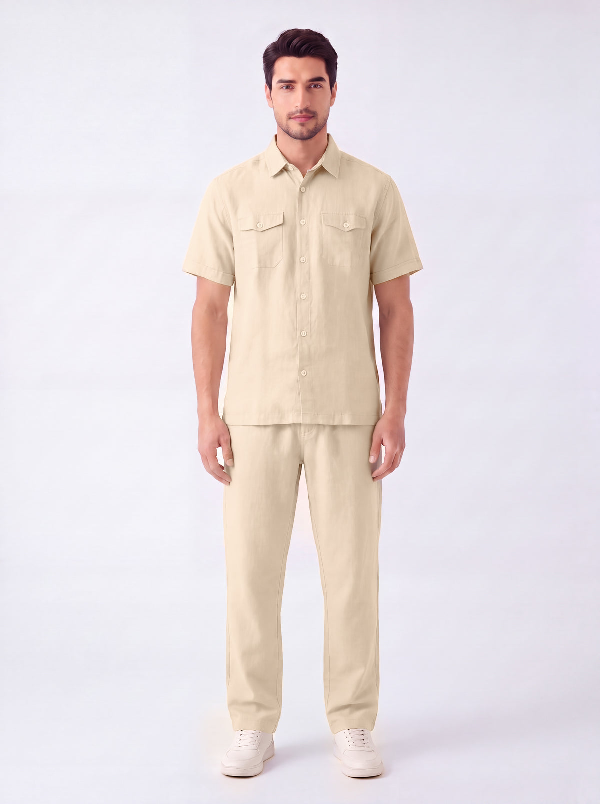 Double Pocket Off White Linen Shirt