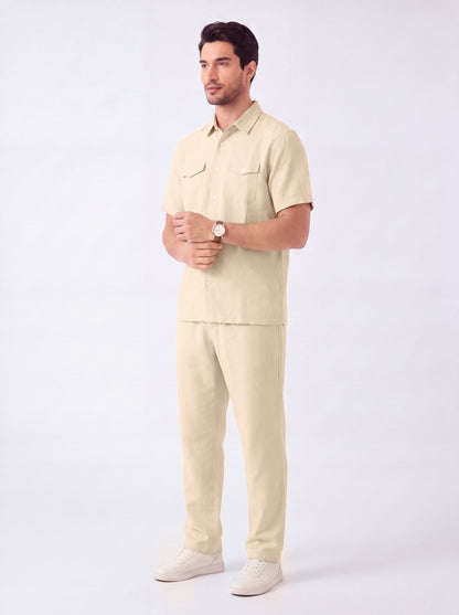 Double Pocket Off White Linen Shirt