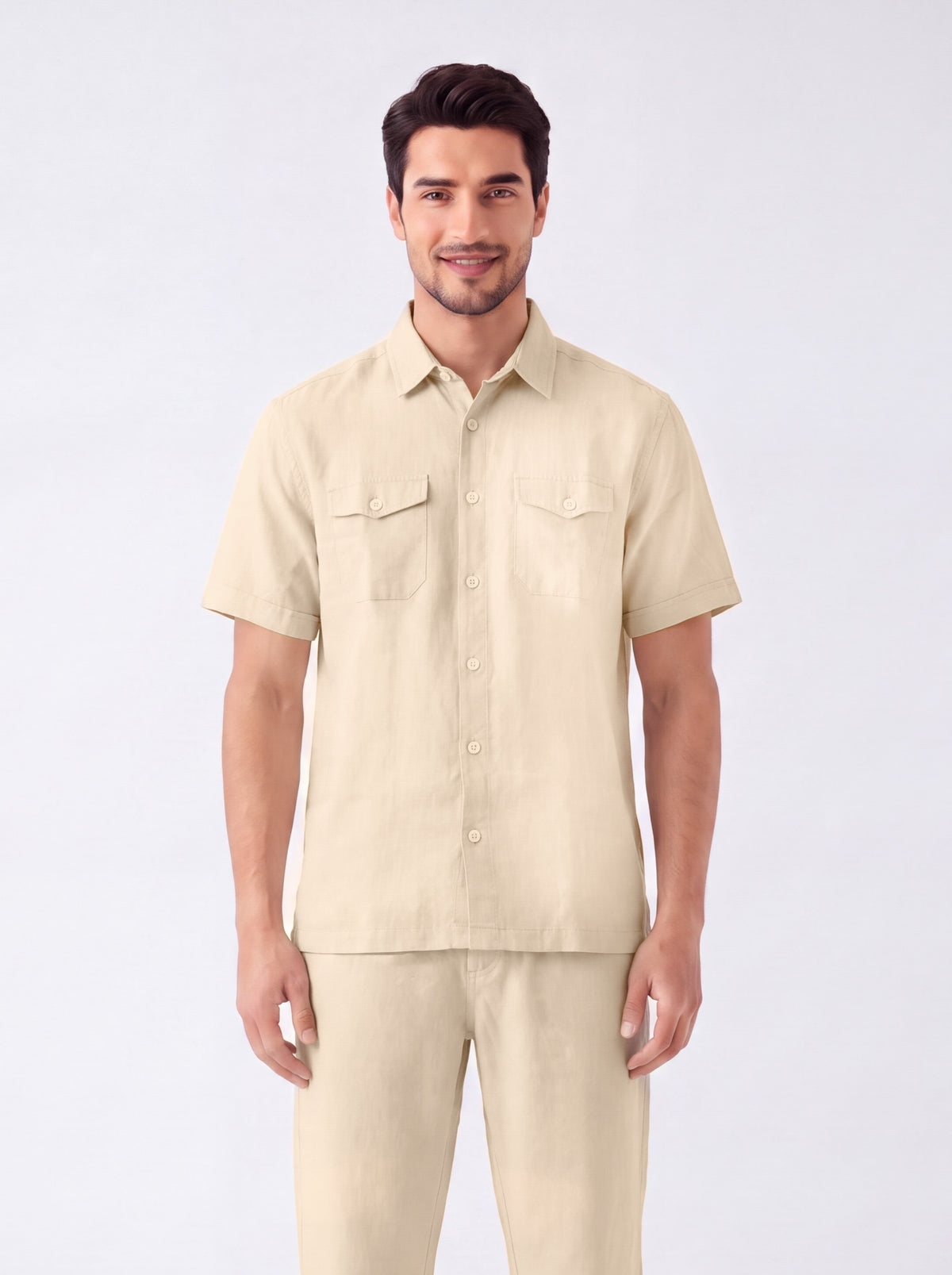 Double Pocket Off White Linen Shirt