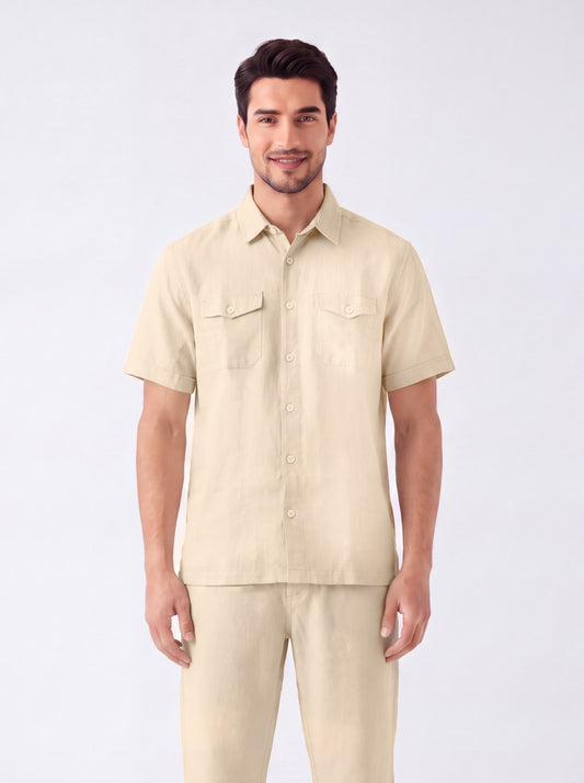 Double Pocket Off White Linen Shirt